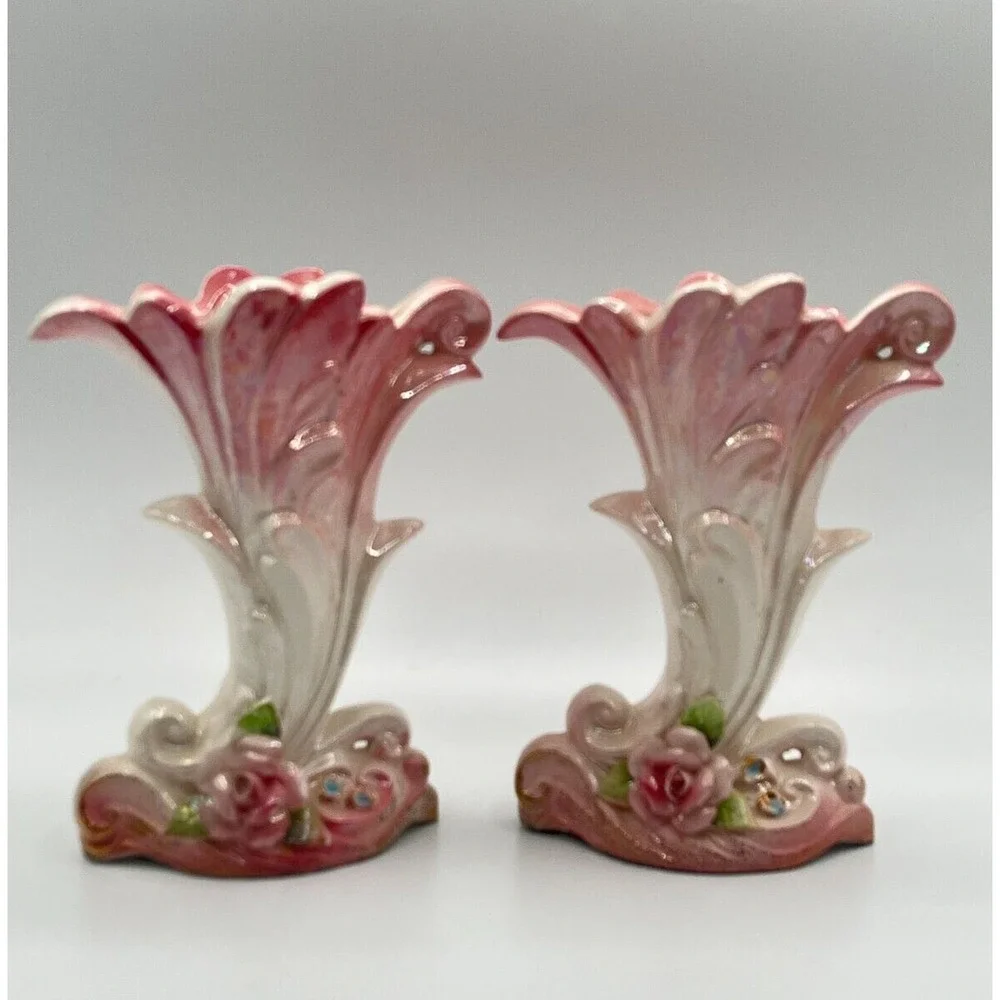 Lefton Ceramic Cornucopia Floral Gold Trim Vases Set 2 Hand painted